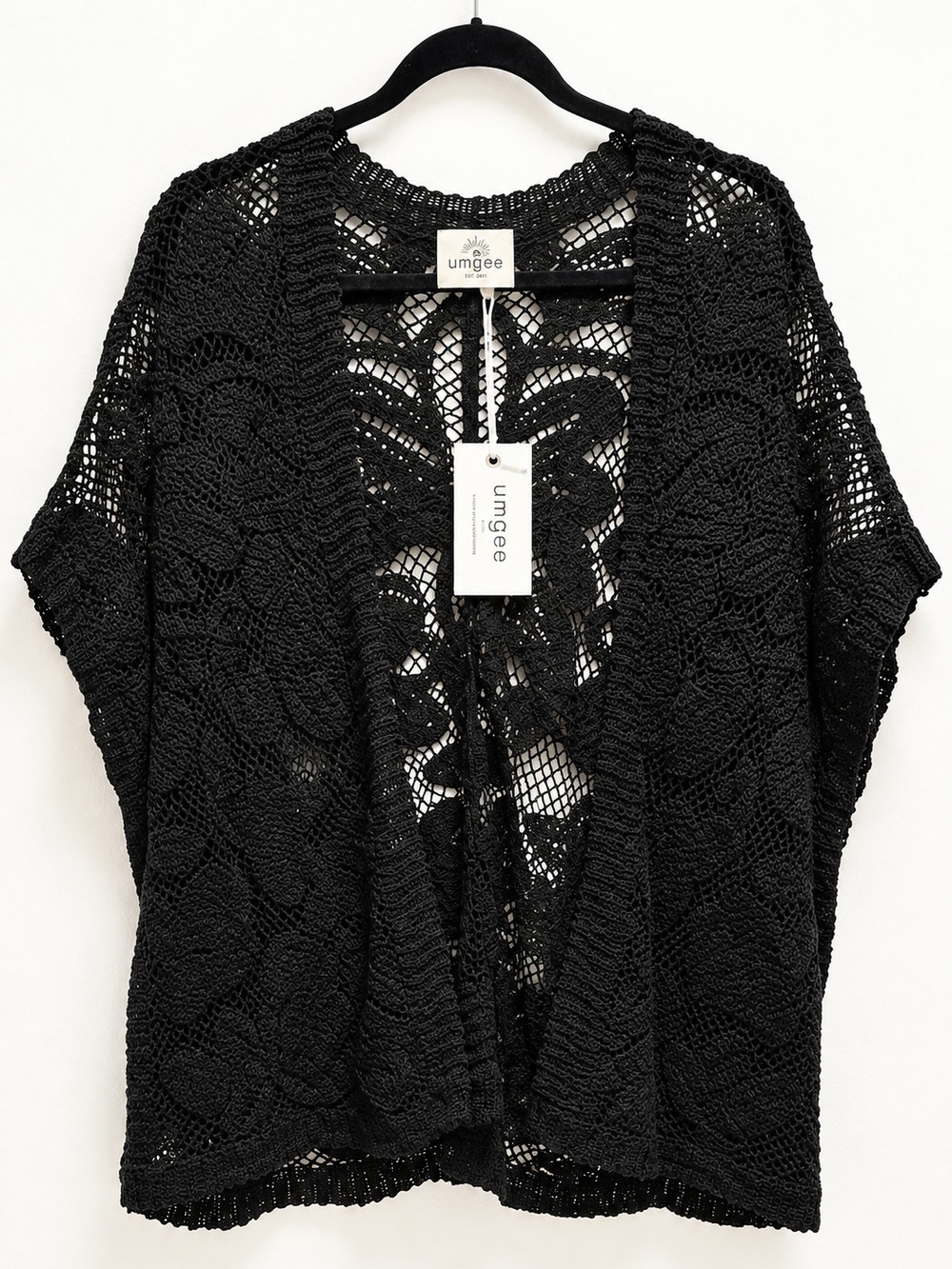 Umgee Black Crochet Lace Open Front Kimono Cardigan One Size NWT